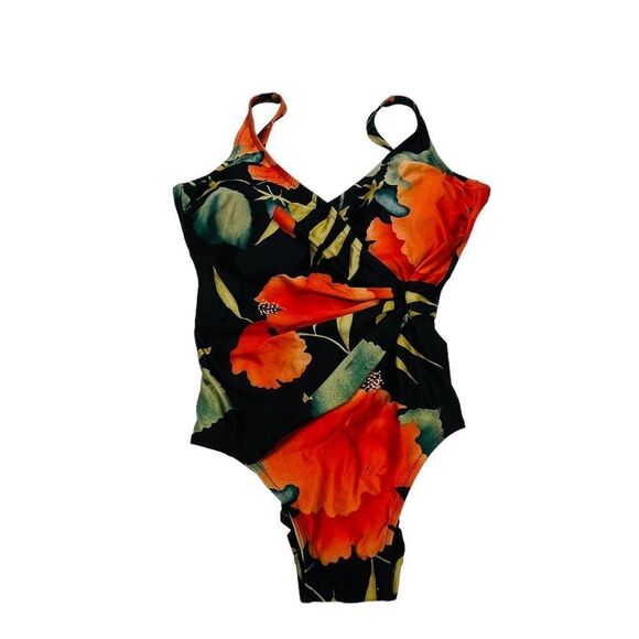 Vintage Gottex Black & Orange Tropical Floral One Piece Swimsuit - Size 12 - Picture 6 of 9